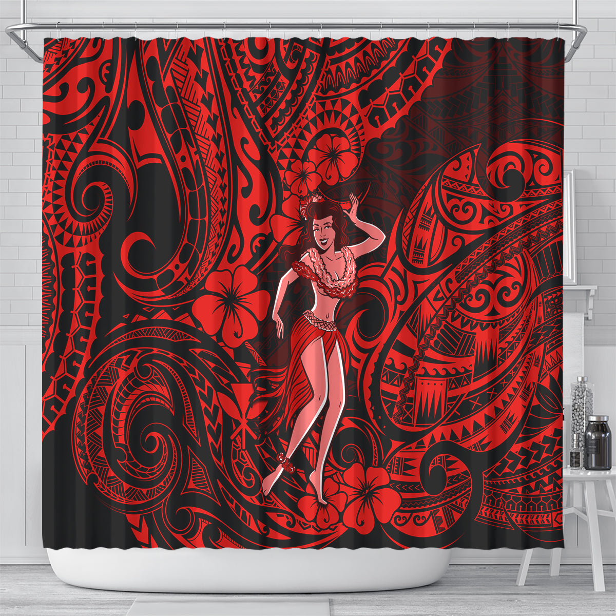 hawaii-hula-girl-shower-curtain-hibiscus-hawaii-tribal-tattoo-red-version
