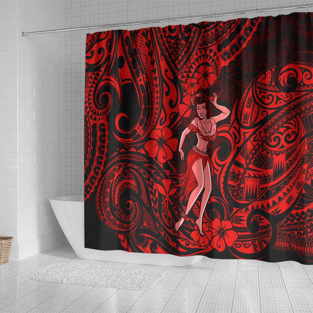 hawaii-hula-girl-shower-curtain-hibiscus-hawaii-tribal-tattoo-red-version