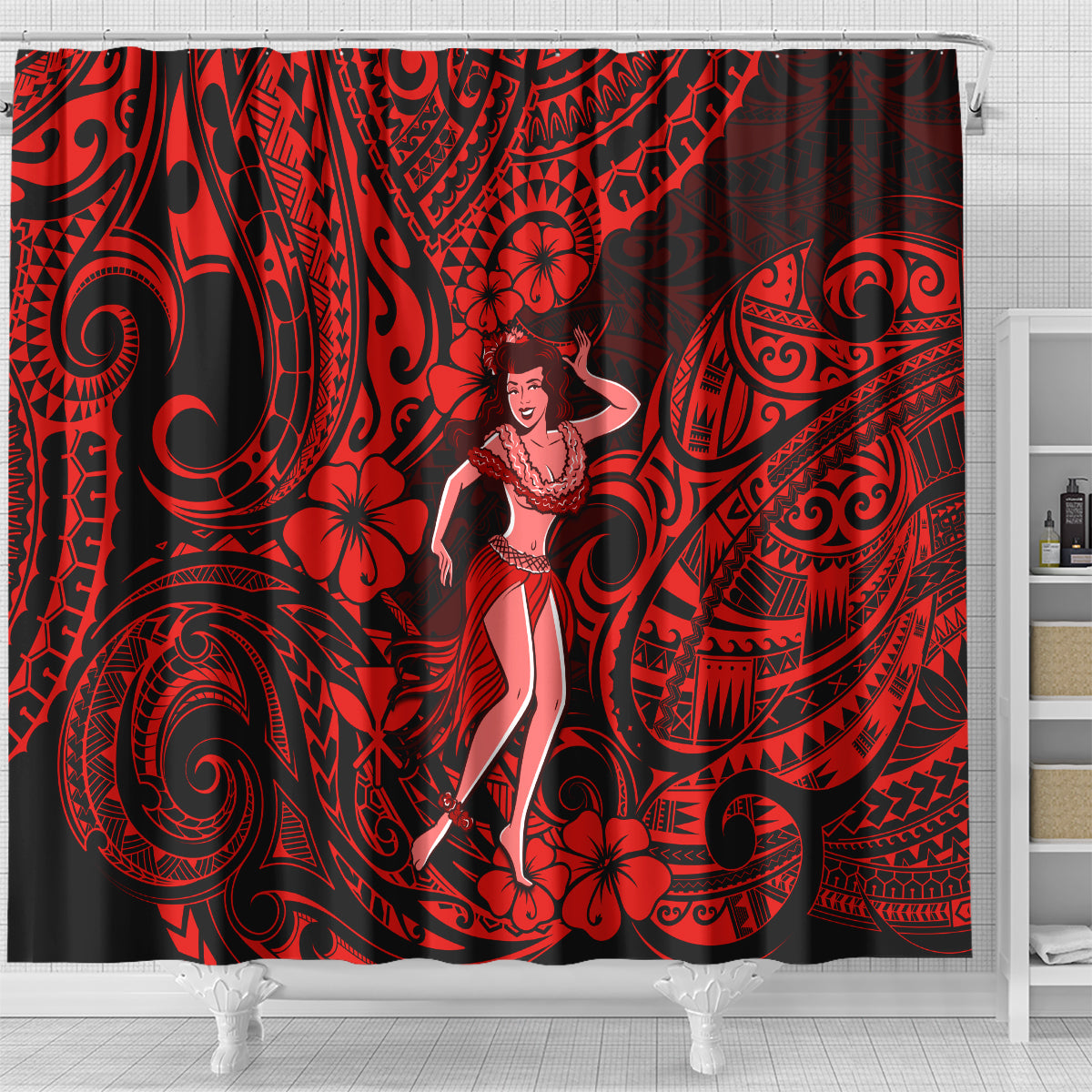hawaii-hula-girl-shower-curtain-hibiscus-hawaii-tribal-tattoo-red-version