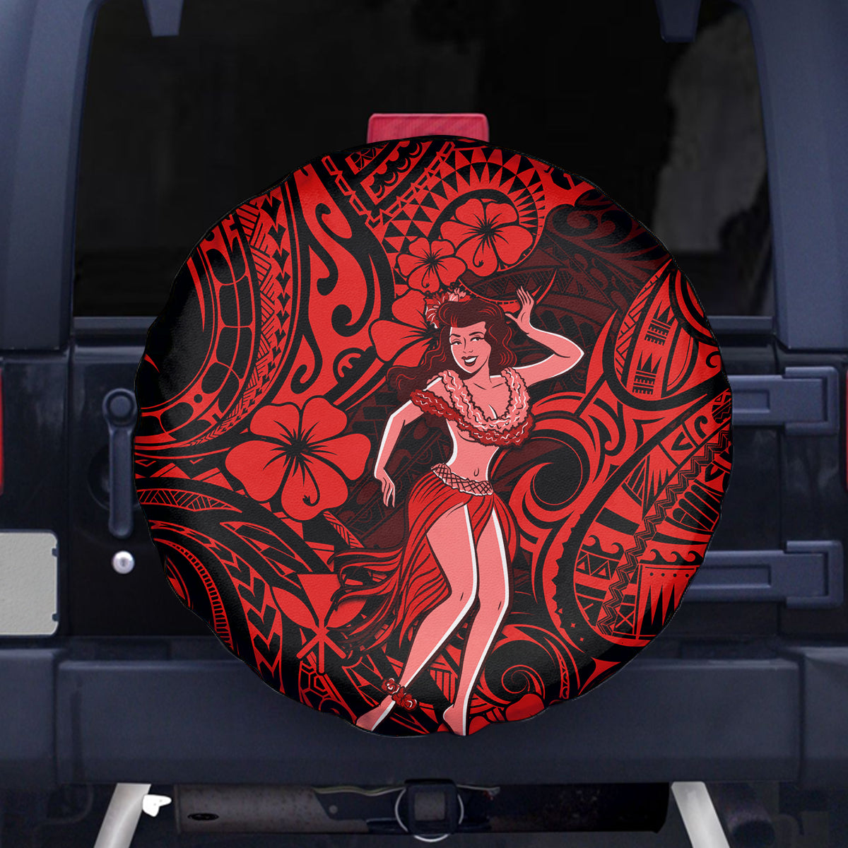 Hawaii Hula Girl Spare Tire Cover Hibiscus Hawaii Tribal Tattoo Red Version - Wonder Print Shop