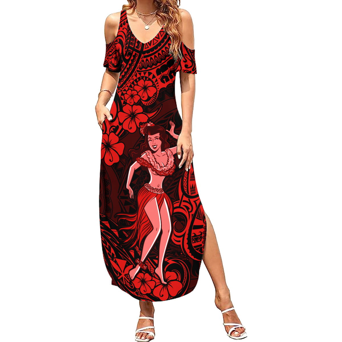 Hawaii Hula Girl Summer Maxi Dress Hibiscus Hawaii Tribal Tattoo Red Version - Wonder Print Shop