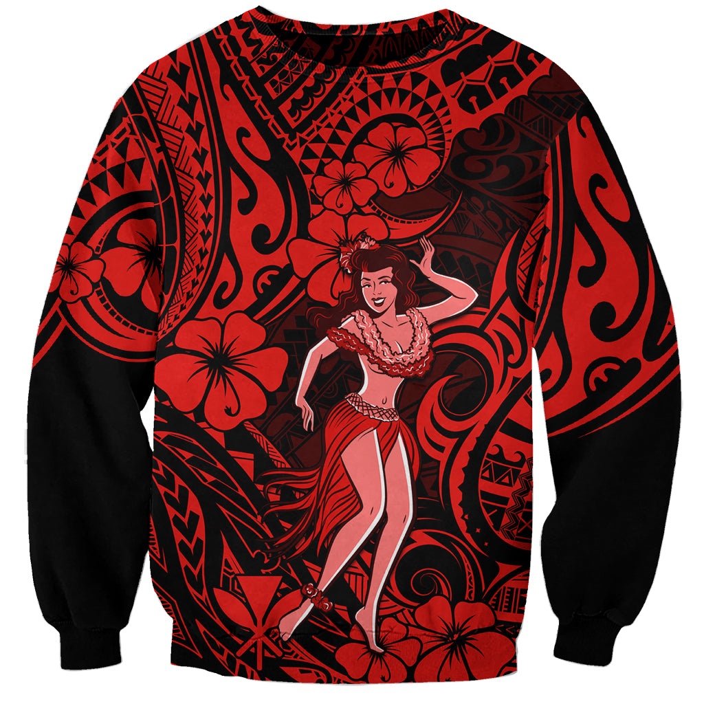 Hawaii Hula Girl Sweatshirt Hibiscus Hawaii Tribal Tattoo Red Version - Wonder Print Shop