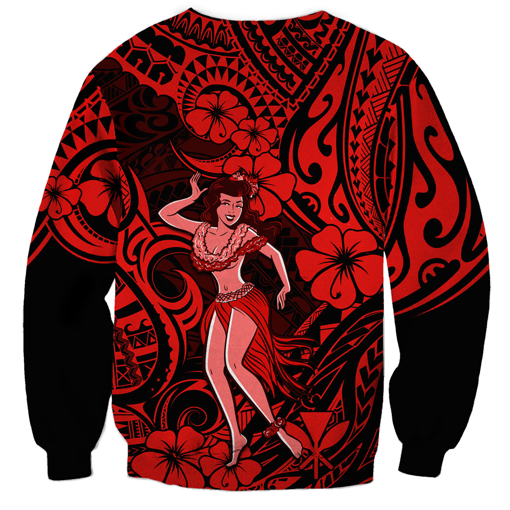 Hawaii Hula Girl Sweatshirt Hibiscus Hawaii Tribal Tattoo Red Version - Wonder Print Shop