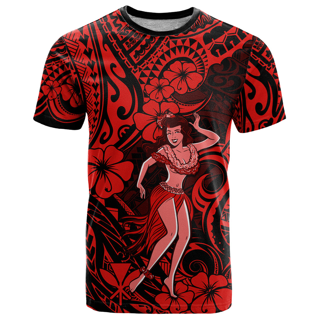 Hawaii Hula Girl T Shirt Hibiscus Hawaii Tribal Tattoo Red Version - Wonder Print Shop