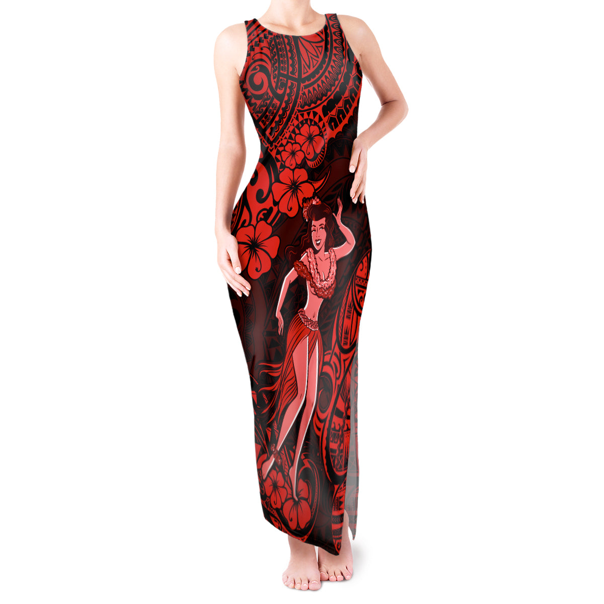 Hawaii Hula Girl Tank Maxi Dress Hibiscus Hawaii Tribal Tattoo Red Version - Wonder Print Shop