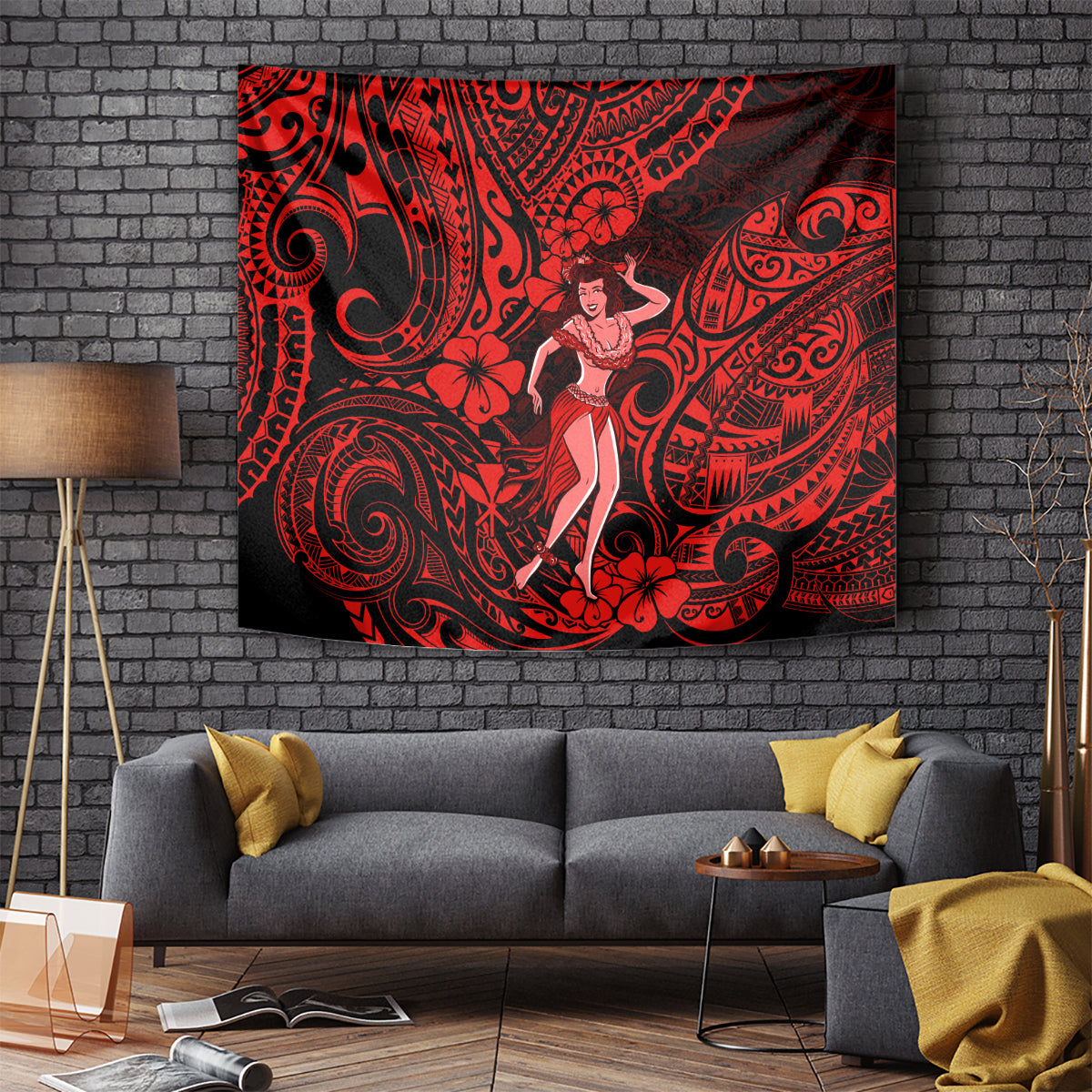 Hawaii Hula Girl Tapestry Hibiscus Hawaii Tribal Tattoo Red Version - Wonder Print Shop