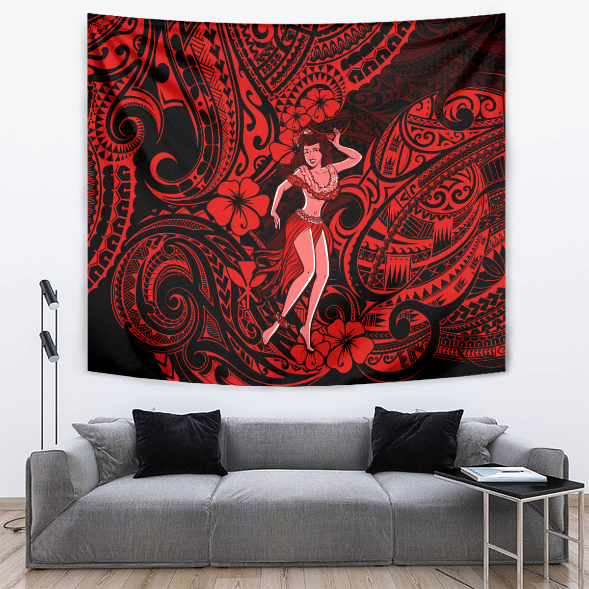 Hawaii Hula Girl Tapestry Hibiscus Hawaii Tribal Tattoo Red Version - Wonder Print Shop