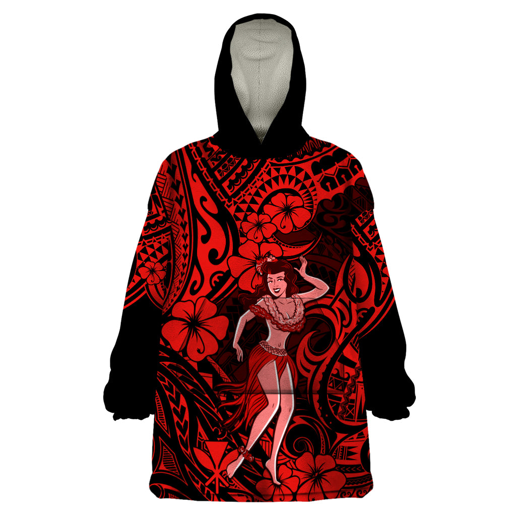 Hawaii Hula Girl Wearable Blanket Hoodie Hibiscus Hawaii Tribal Tattoo Red Version - Wonder Print Shop
