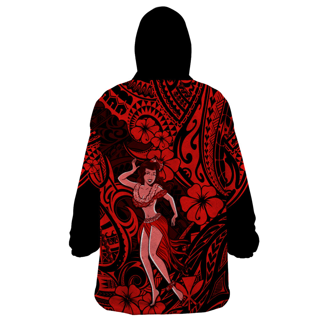 Hawaii Hula Girl Wearable Blanket Hoodie Hibiscus Hawaii Tribal Tattoo Red Version - Wonder Print Shop