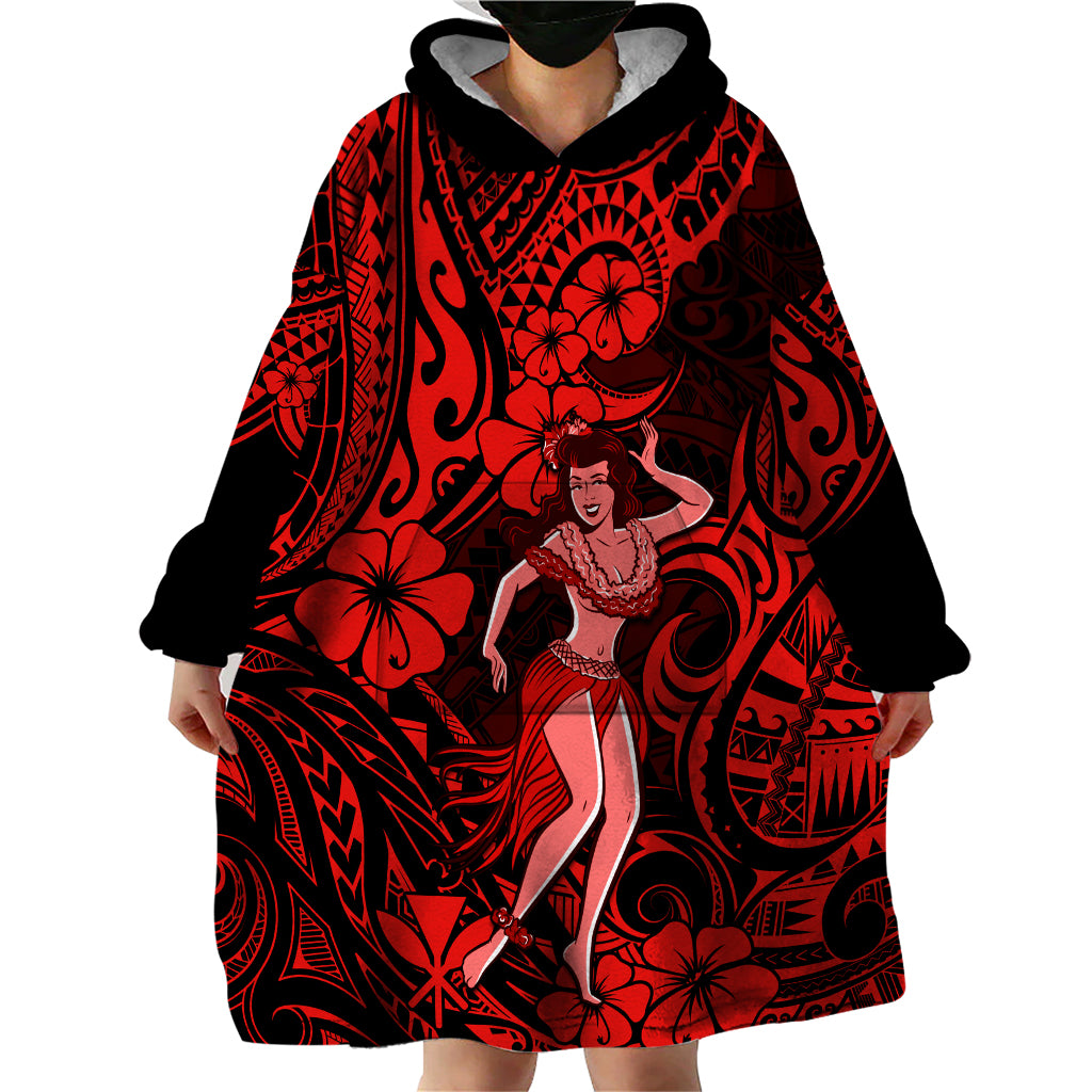 Hawaii Hula Girl Wearable Blanket Hoodie Hibiscus Hawaii Tribal Tattoo Red Version - Wonder Print Shop