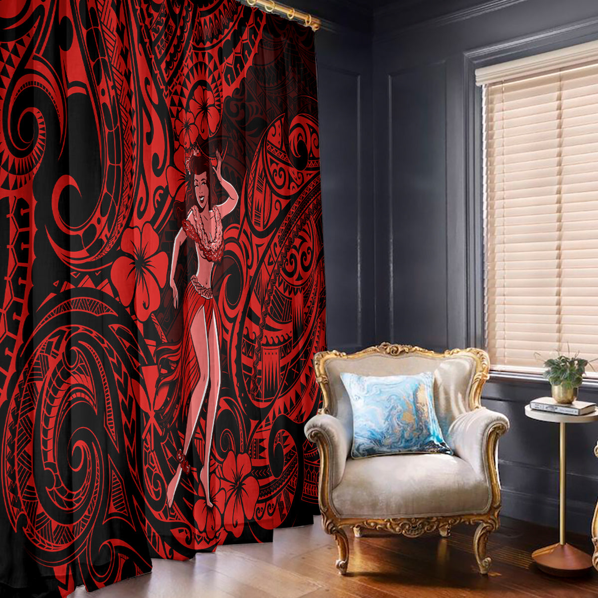 Hawaii Hula Girl Window Curtain Hibiscus Hawaii Tribal Tattoo Red Version - Wonder Print Shop