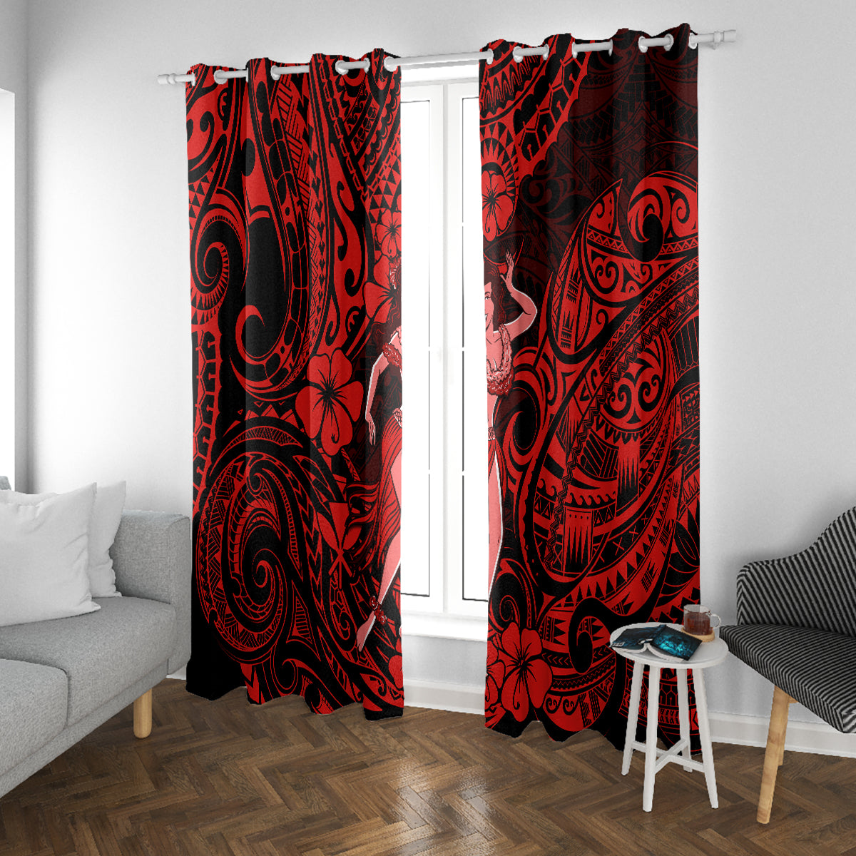 Hawaii Hula Girl Window Curtain Hibiscus Hawaii Tribal Tattoo Red Version - Wonder Print Shop