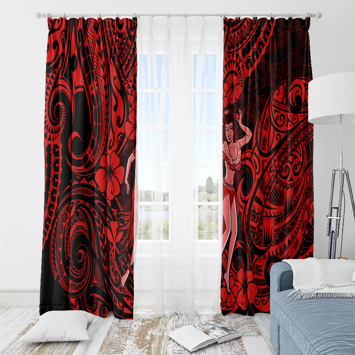 Hawaii Hula Girl Window Curtain Hibiscus Hawaii Tribal Tattoo Red Version - Wonder Print Shop