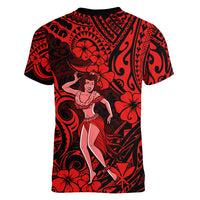 Hawaii Hula Girl Women V Neck T Shirt Hibiscus Hawaii Tribal Tattoo Red Version - Wonder Print Shop