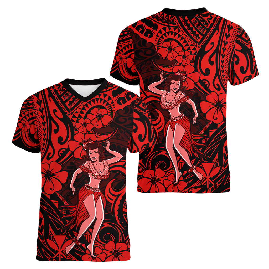 Hawaii Hula Girl Women V Neck T Shirt Hibiscus Hawaii Tribal Tattoo Red Version - Wonder Print Shop