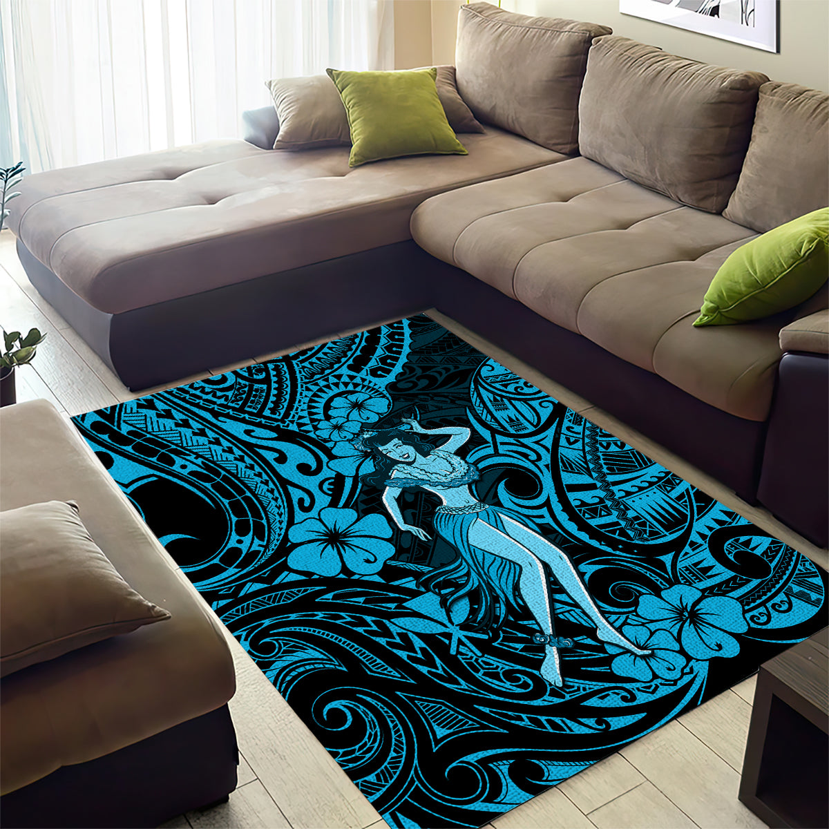 Hawaii Hula Girl Area Rug Hibiscus Hawaii Tribal Tattoo Sky Blue Version - Wonder Print Shop