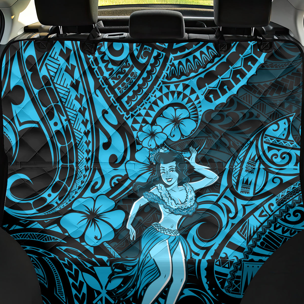 Hawaii Hula Girl Back Car Seat Cover Hibiscus Hawaii Tribal Tattoo Sky Blue Version - Wonder Print Shop