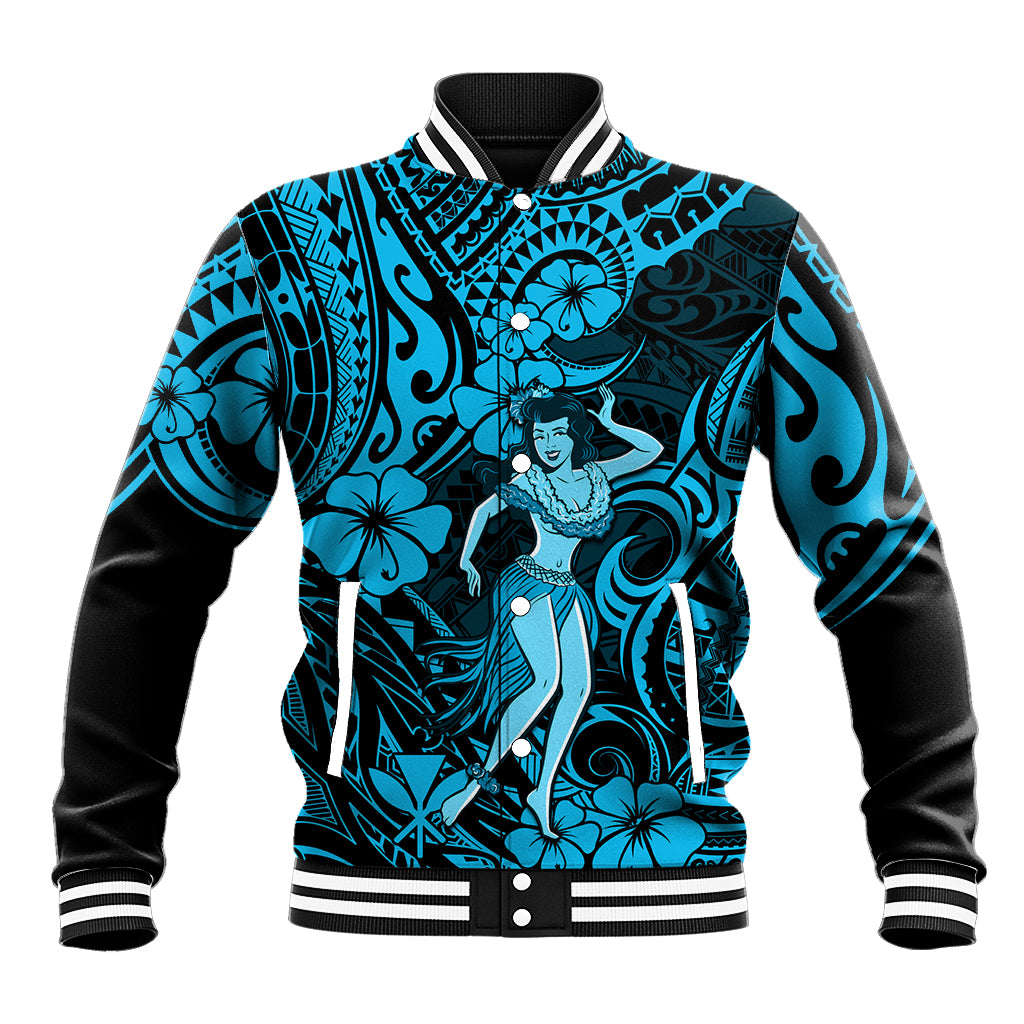 Hawaii Hula Girl Baseball Jacket Hibiscus Hawaii Tribal Tattoo Sky Blue Version - Wonder Print Shop