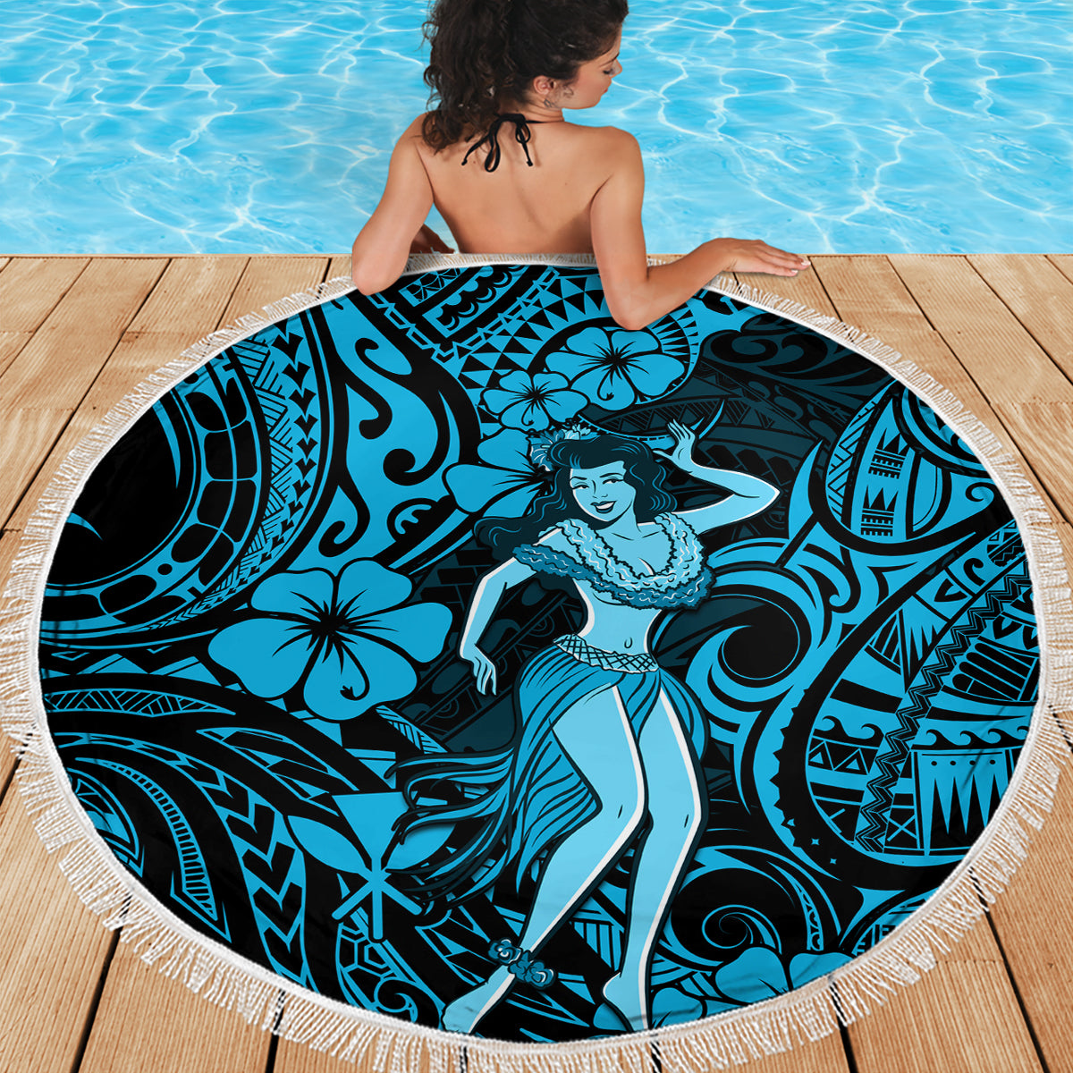 Hawaii Hula Girl Beach Blanket Hibiscus Hawaii Tribal Tattoo Sky Blue Version - Wonder Print Shop