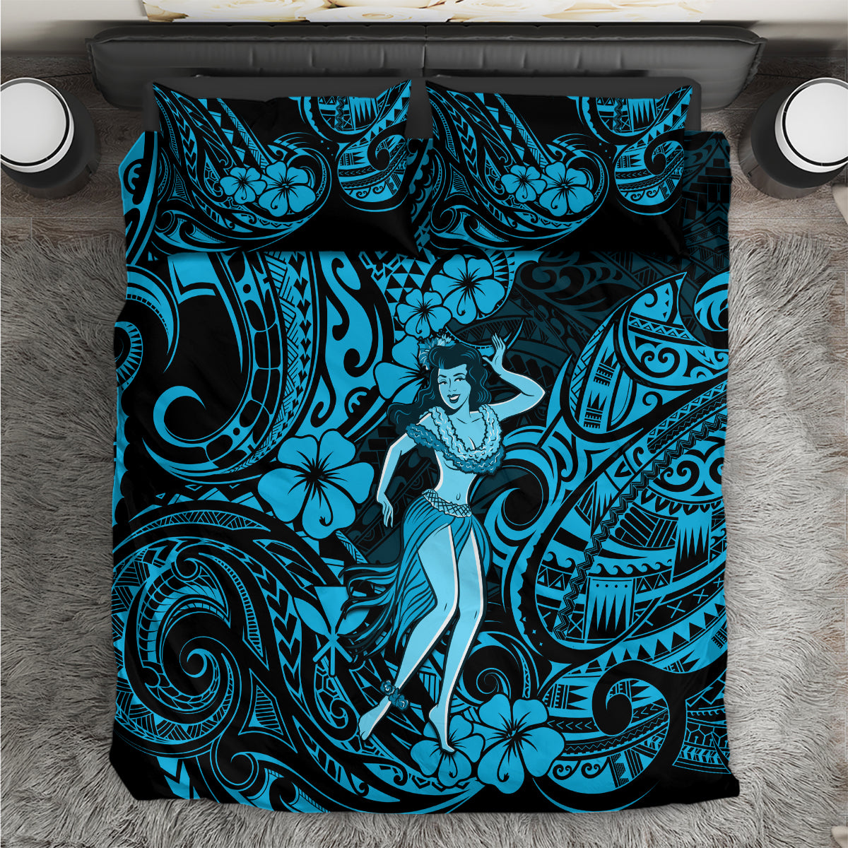 Hawaii Hula Girl Bedding Set Hibiscus Hawaii Tribal Tattoo Sky Blue Version - Wonder Print Shop