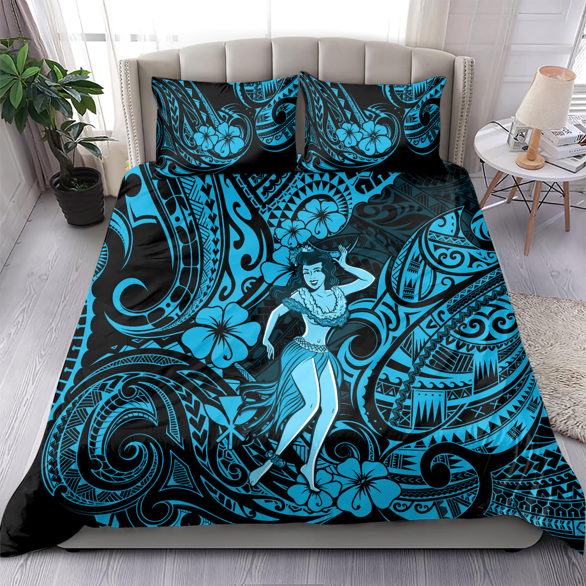 Hawaii Hula Girl Bedding Set Hibiscus Hawaii Tribal Tattoo Sky Blue Version - Wonder Print Shop