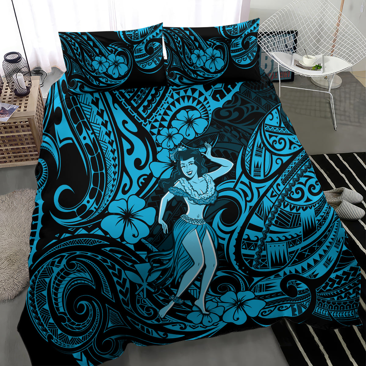 Hawaii Hula Girl Bedding Set Hibiscus Hawaii Tribal Tattoo Sky Blue Version - Wonder Print Shop