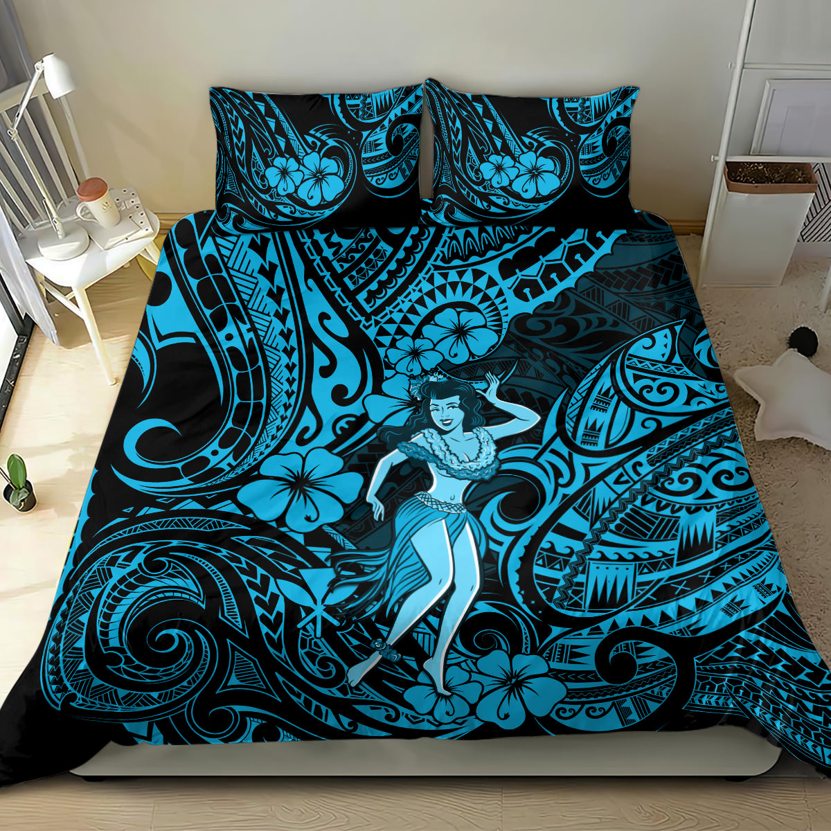 Hawaii Hula Girl Bedding Set Hibiscus Hawaii Tribal Tattoo Sky Blue Version - Wonder Print Shop