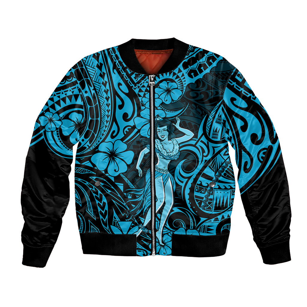 Hawaii Hula Girl Bomber Jacket Hibiscus Hawaii Tribal Tattoo Sky Blue Version - Wonder Print Shop
