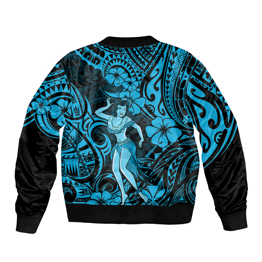 Hawaii Hula Girl Bomber Jacket Hibiscus Hawaii Tribal Tattoo Sky Blue Version - Wonder Print Shop