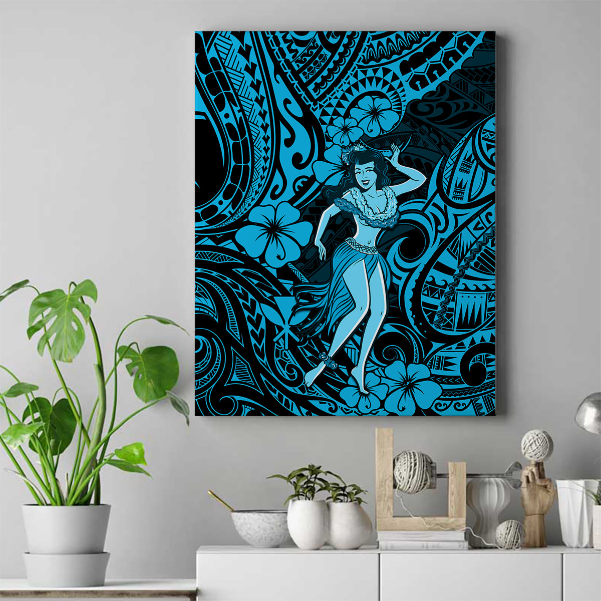 Hawaii Hula Girl Canvas Wall Art Hibiscus Hawaii Tribal Tattoo Sky Blue Version - Wonder Print Shop
