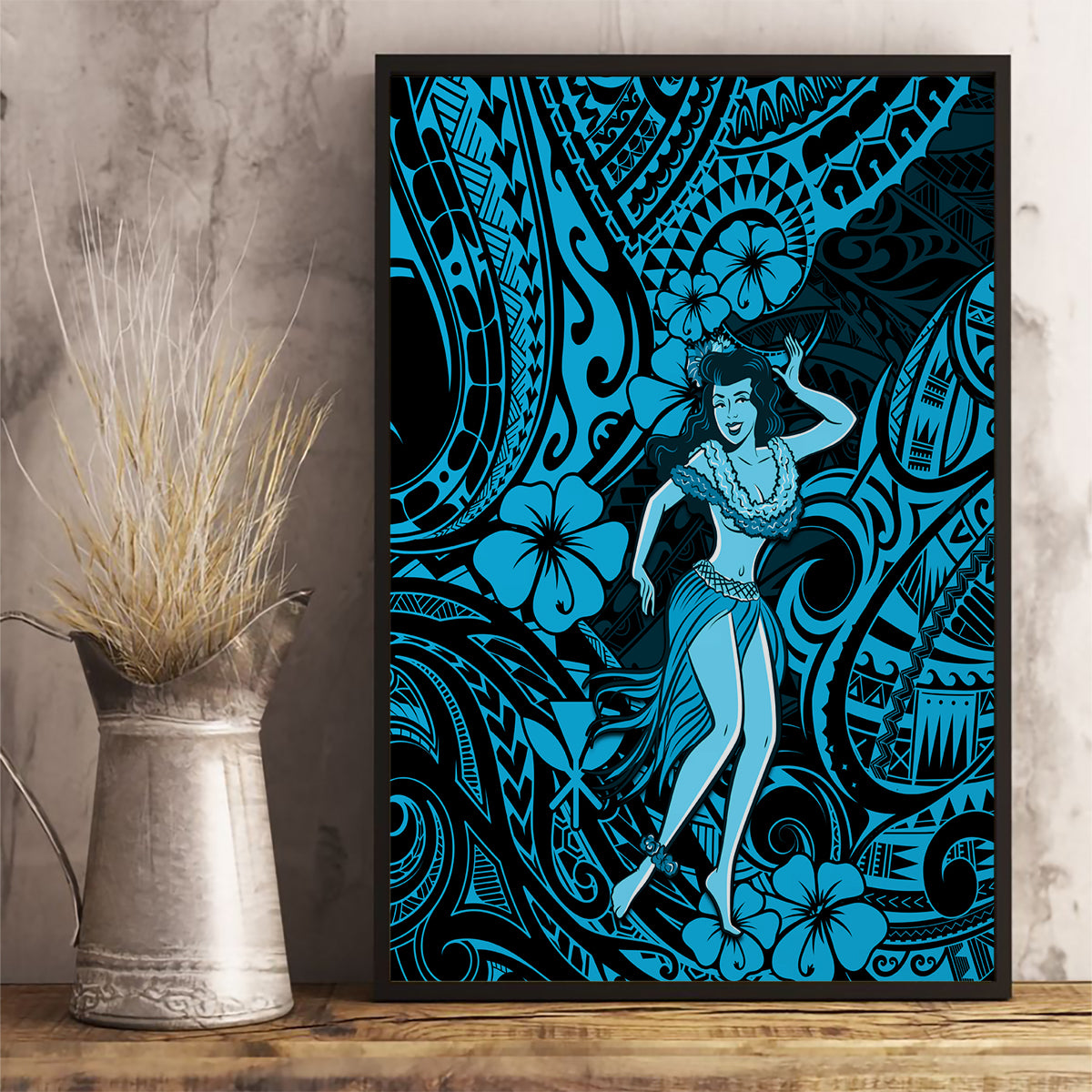 Hawaii Hula Girl Canvas Wall Art Hibiscus Hawaii Tribal Tattoo Sky Blue Version - Wonder Print Shop