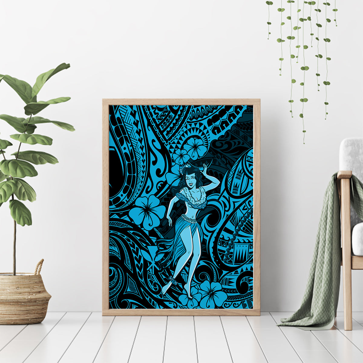 Hawaii Hula Girl Canvas Wall Art Hibiscus Hawaii Tribal Tattoo Sky Blue Version - Wonder Print Shop