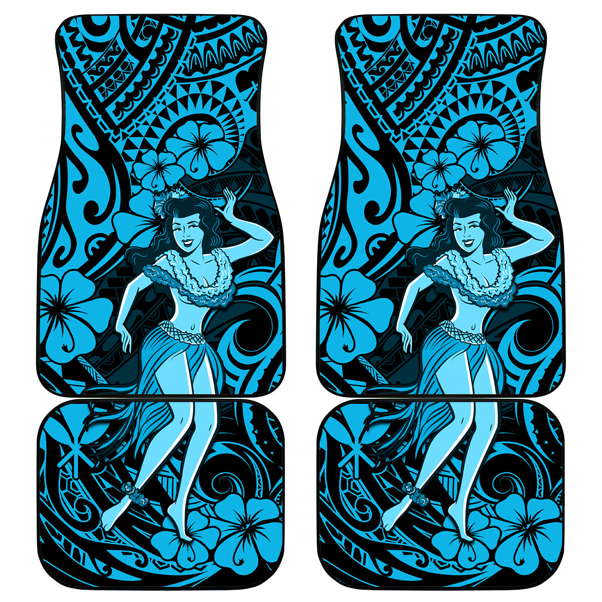 Hawaii Hula Girl Car Mats Hibiscus Hawaii Tribal Tattoo Sky Blue Version - Wonder Print Shop