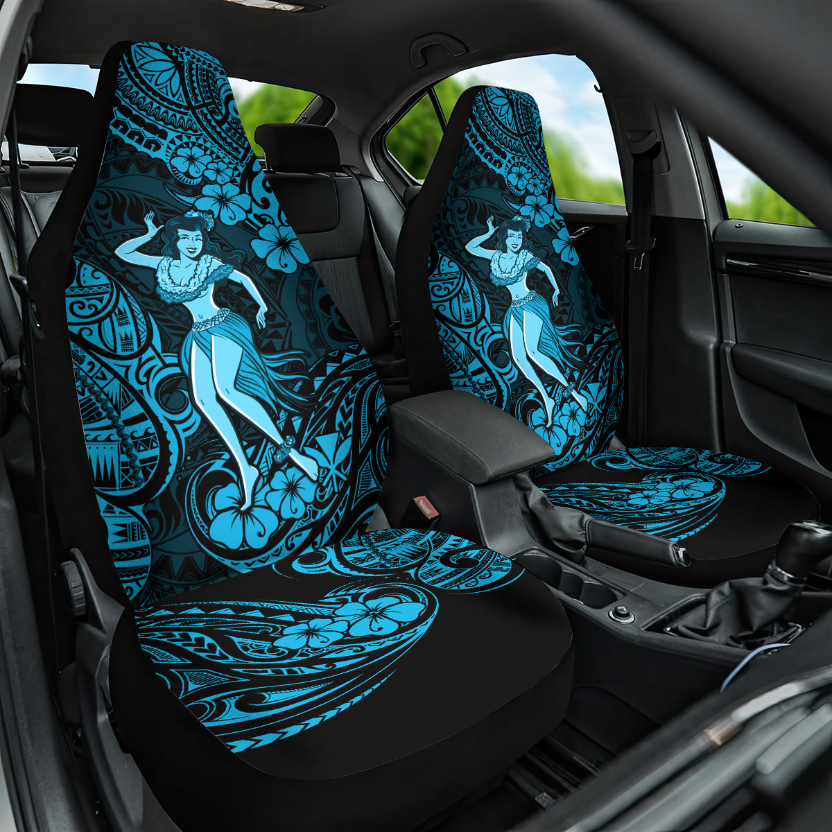 Hawaii Hula Girl Car Seat Cover Hibiscus Hawaii Tribal Tattoo Sky Blue Version - Wonder Print Shop