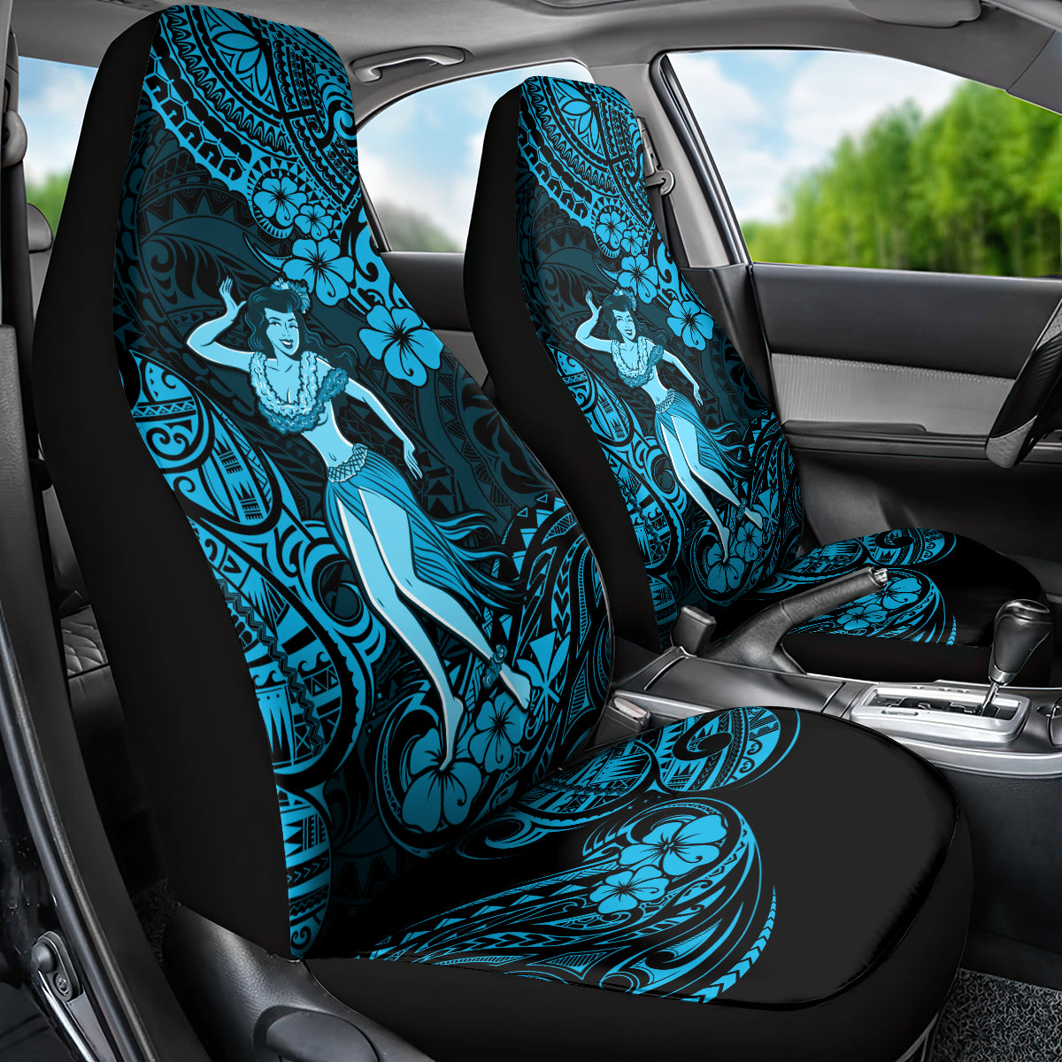 Hawaii Hula Girl Car Seat Cover Hibiscus Hawaii Tribal Tattoo Sky Blue Version - Wonder Print Shop