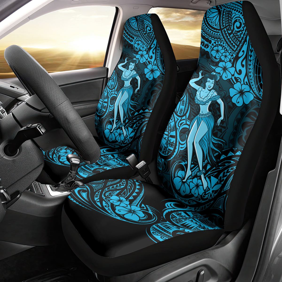 Hawaii Hula Girl Car Seat Cover Hibiscus Hawaii Tribal Tattoo Sky Blue Version - Wonder Print Shop