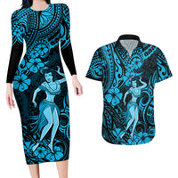 Hawaii Hula Girl Couples Matching Long Sleeve Bodycon Dress and Hawaiian Shirt Hibiscus Hawaii Tribal Tattoo Sky Blue Version - Wonder Print Shop