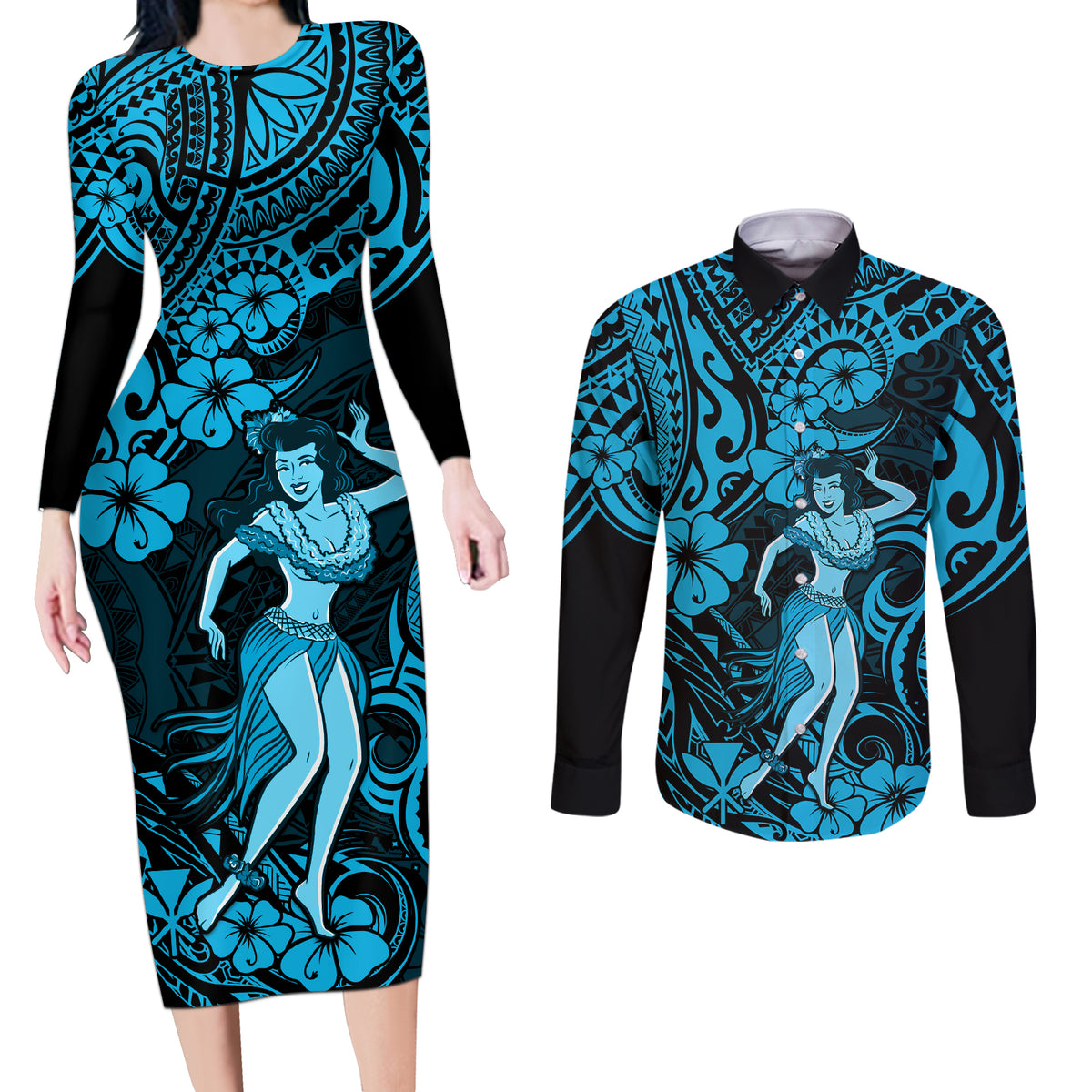 Hawaii Hula Girl Couples Matching Long Sleeve Bodycon Dress and Long Sleeve Button Shirts Hibiscus Hawaii Tribal Tattoo Sky Blue Version - Wonder Print Shop