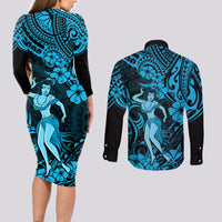 Hawaii Hula Girl Couples Matching Long Sleeve Bodycon Dress and Long Sleeve Button Shirts Hibiscus Hawaii Tribal Tattoo Sky Blue Version - Wonder Print Shop