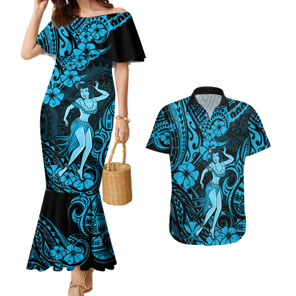 Hawaii Hula Girl Couples Matching Mermaid Dress and Hawaiian Shirt Hibiscus Hawaii Tribal Tattoo Sky Blue Version - Wonder Print Shop