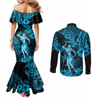 hawaii-hula-girl-couples-matching-mermaid-dress-and-long-sleeve-button-shirts-hibiscus-hawaii-tribal-tattoo-sky-blue-version