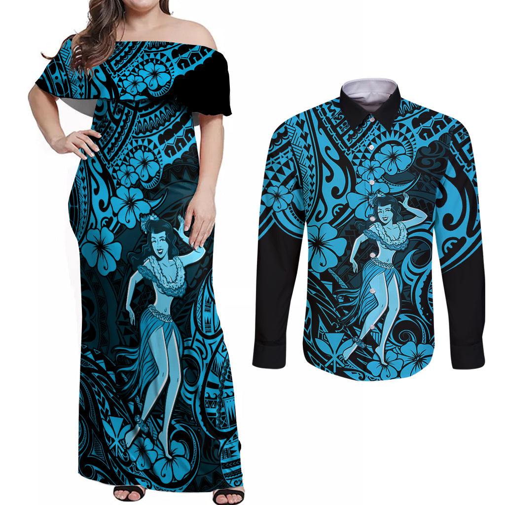 Hawaii Hula Girl Couples Matching Off Shoulder Maxi Dress and Long Sleeve Button Shirts Hibiscus Hawaii Tribal Tattoo Sky Blue Version - Wonder Print Shop