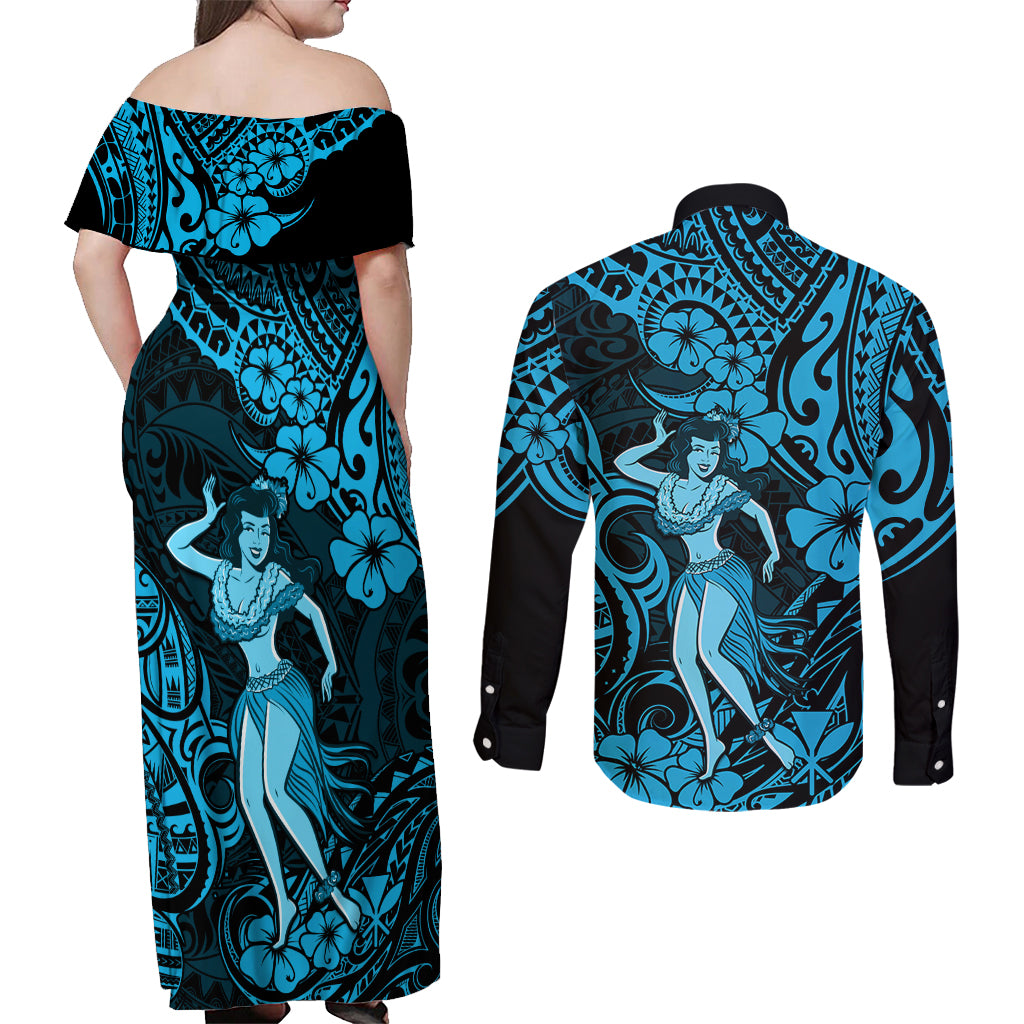 Hawaii Hula Girl Couples Matching Off Shoulder Maxi Dress and Long Sleeve Button Shirts Hibiscus Hawaii Tribal Tattoo Sky Blue Version - Wonder Print Shop