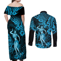 Hawaii Hula Girl Couples Matching Off Shoulder Maxi Dress and Long Sleeve Button Shirts Hibiscus Hawaii Tribal Tattoo Sky Blue Version - Wonder Print Shop