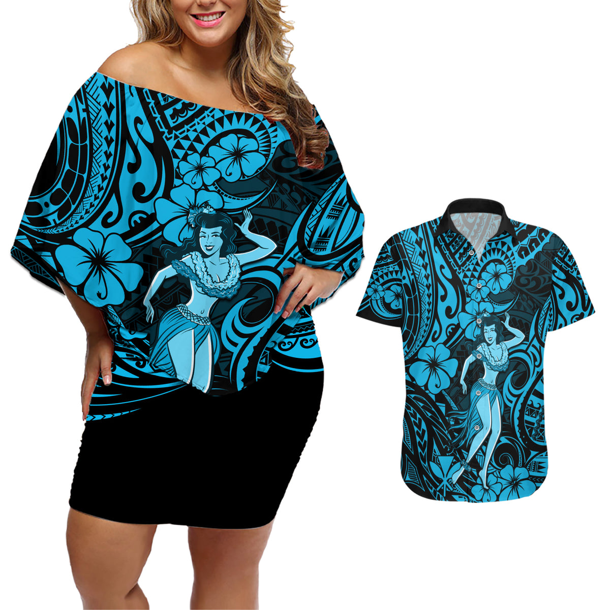 Hawaii Hula Girl Couples Matching Off Shoulder Short Dress and Hawaiian Shirt Hibiscus Hawaii Tribal Tattoo Sky Blue Version - Wonder Print Shop