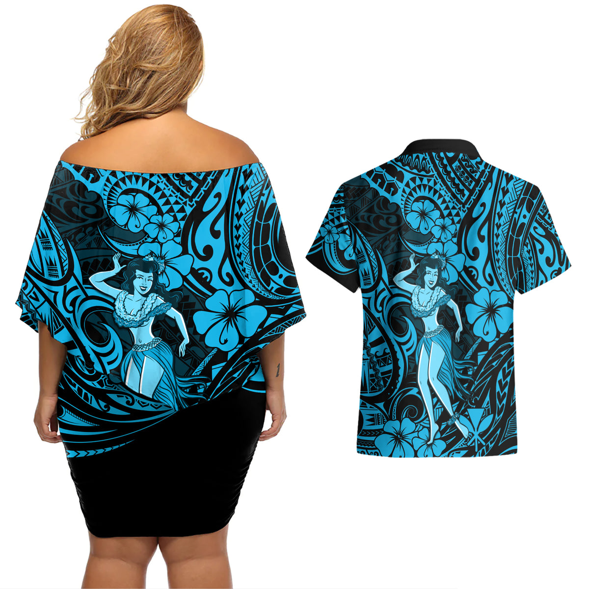 Hawaii Hula Girl Couples Matching Off Shoulder Short Dress and Hawaiian Shirt Hibiscus Hawaii Tribal Tattoo Sky Blue Version - Wonder Print Shop