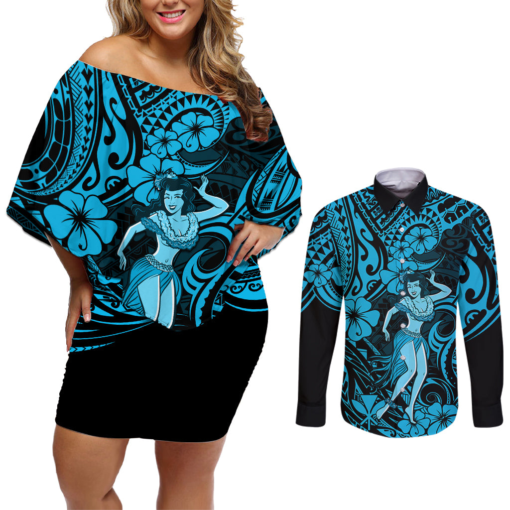 Hawaii Hula Girl Couples Matching Off Shoulder Short Dress and Long Sleeve Button Shirts Hibiscus Hawaii Tribal Tattoo Sky Blue Version - Wonder Print Shop