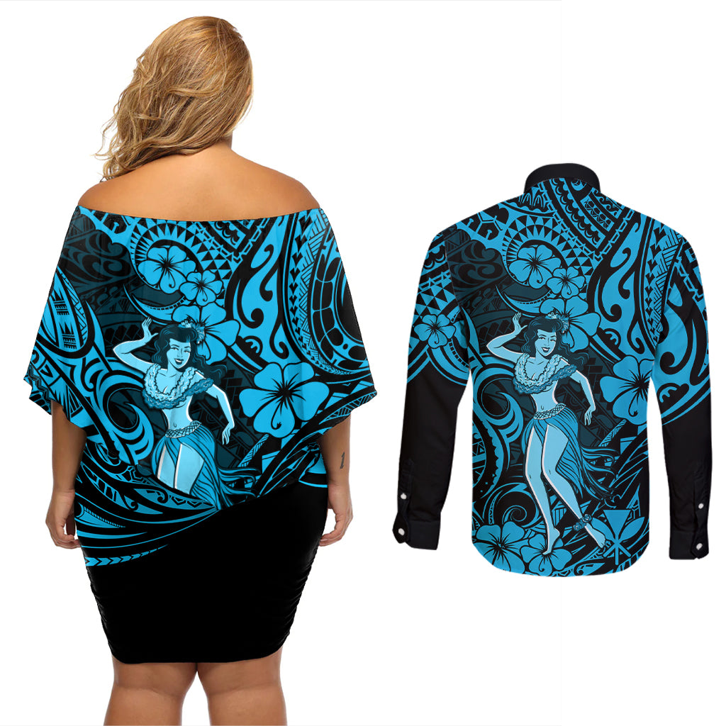 Hawaii Hula Girl Couples Matching Off Shoulder Short Dress and Long Sleeve Button Shirts Hibiscus Hawaii Tribal Tattoo Sky Blue Version - Wonder Print Shop