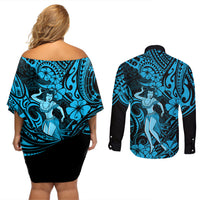 Hawaii Hula Girl Couples Matching Off Shoulder Short Dress and Long Sleeve Button Shirts Hibiscus Hawaii Tribal Tattoo Sky Blue Version - Wonder Print Shop
