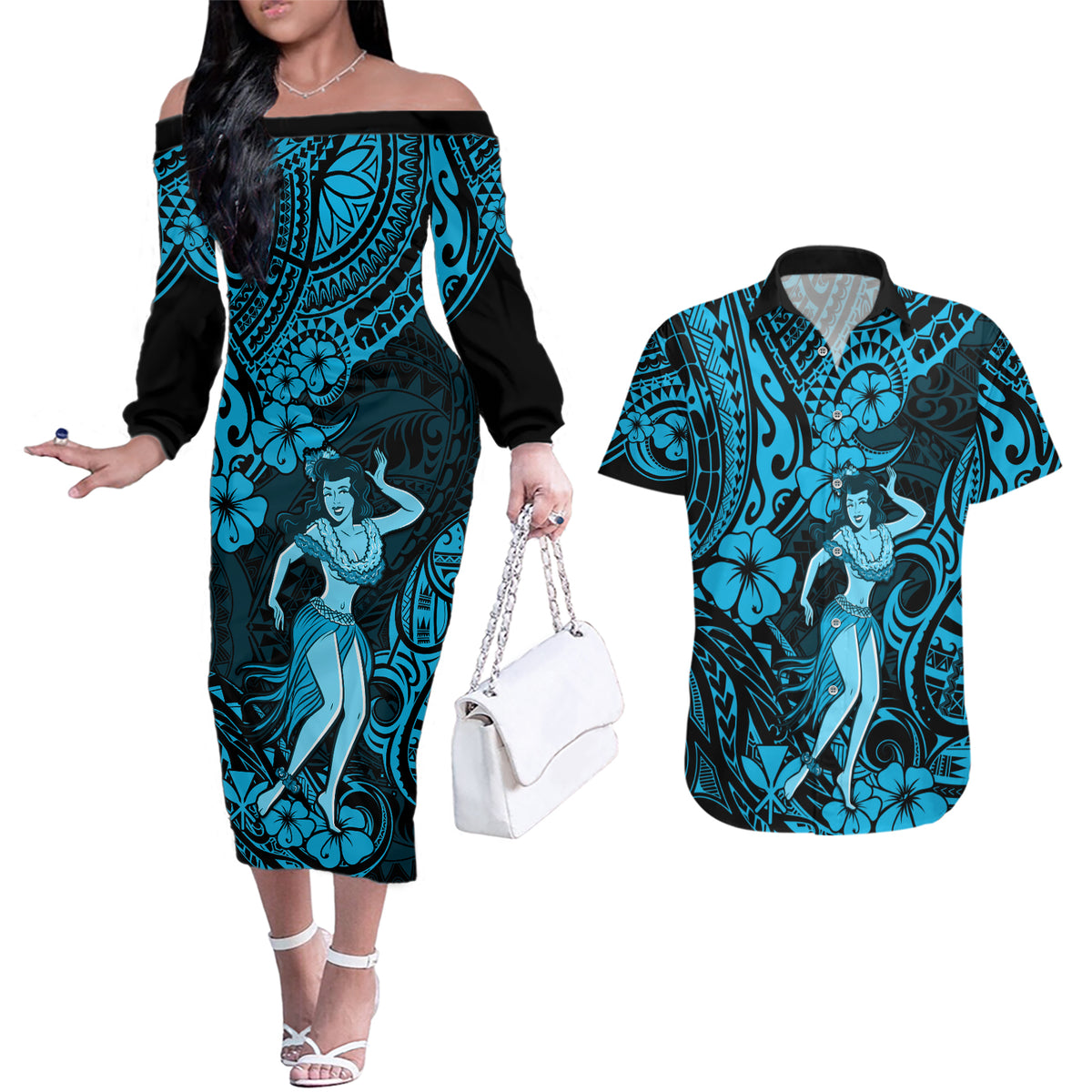 Hawaii Hula Girl Couples Matching Off The Shoulder Long Sleeve Dress and Hawaiian Shirt Hibiscus Hawaii Tribal Tattoo Sky Blue Version - Wonder Print Shop